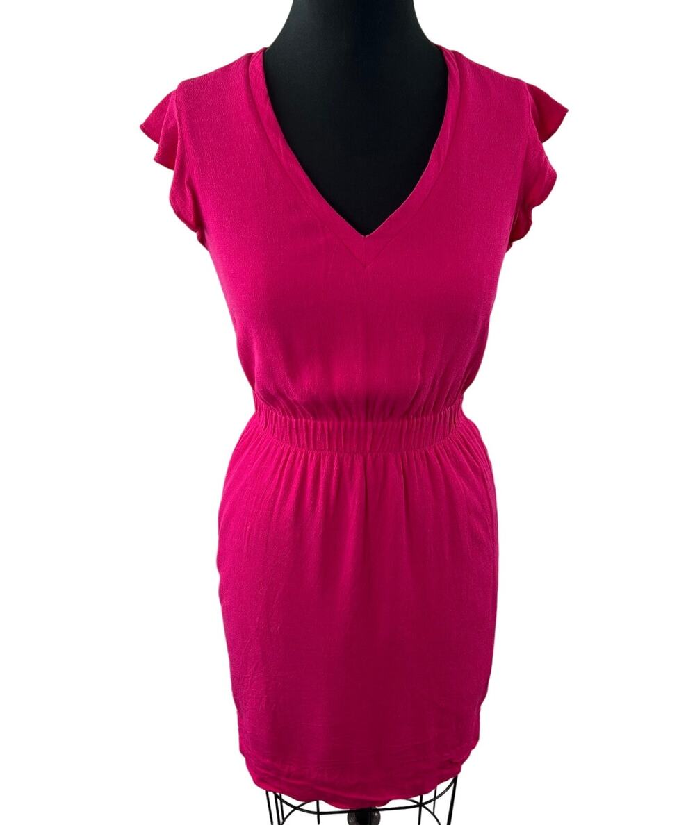 KATE SPADE Pink Fluid Crepe Frill Dress V-Neck Ruffle Sleeve Pullover Size 2